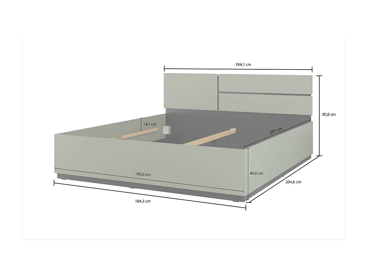 Cama baú HAVANA 180x200 cm – Cor verde sálvia e preto – Cama moderna com armazenamento integrado