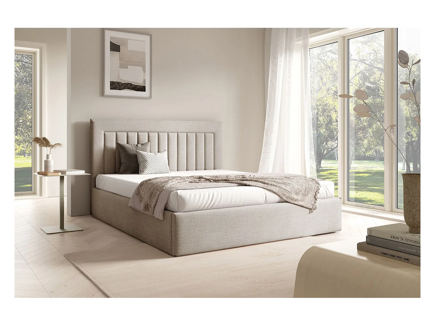 Polsterbett 180x200 - Bettkasten - beige Velours - AVERIN