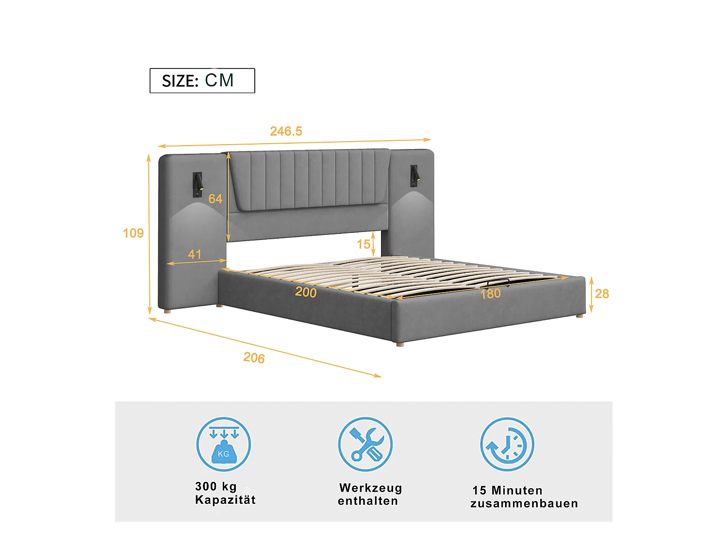 Lit coffre adulte 180x200cm avec lampes de lecture pivotantes et USB, tête de lit large, en velours gris, sans matelas