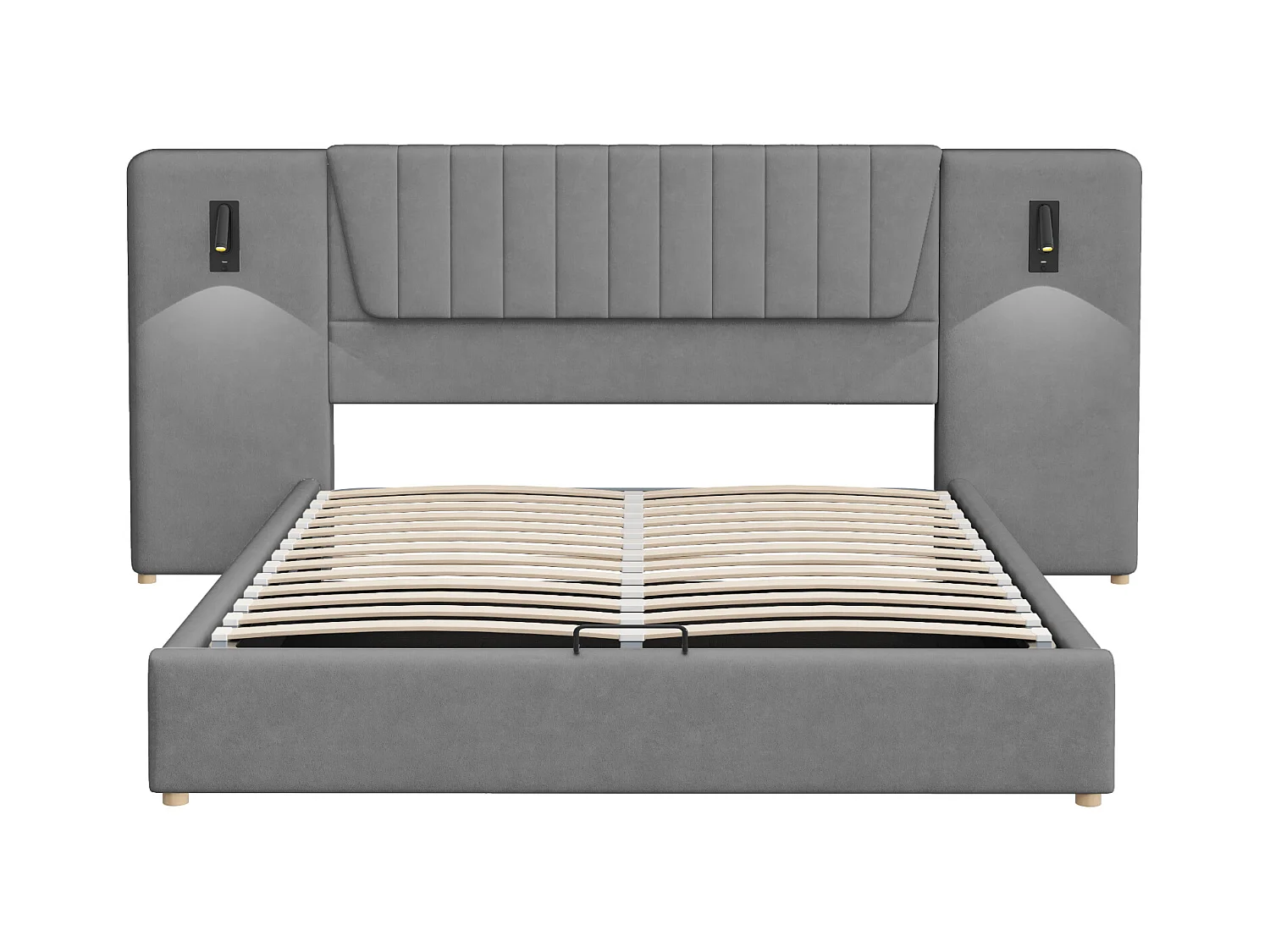 Lit coffre adulte 180x200cm avec lampes de lecture pivotantes et USB, tête de lit large, en velours gris, sans matelas