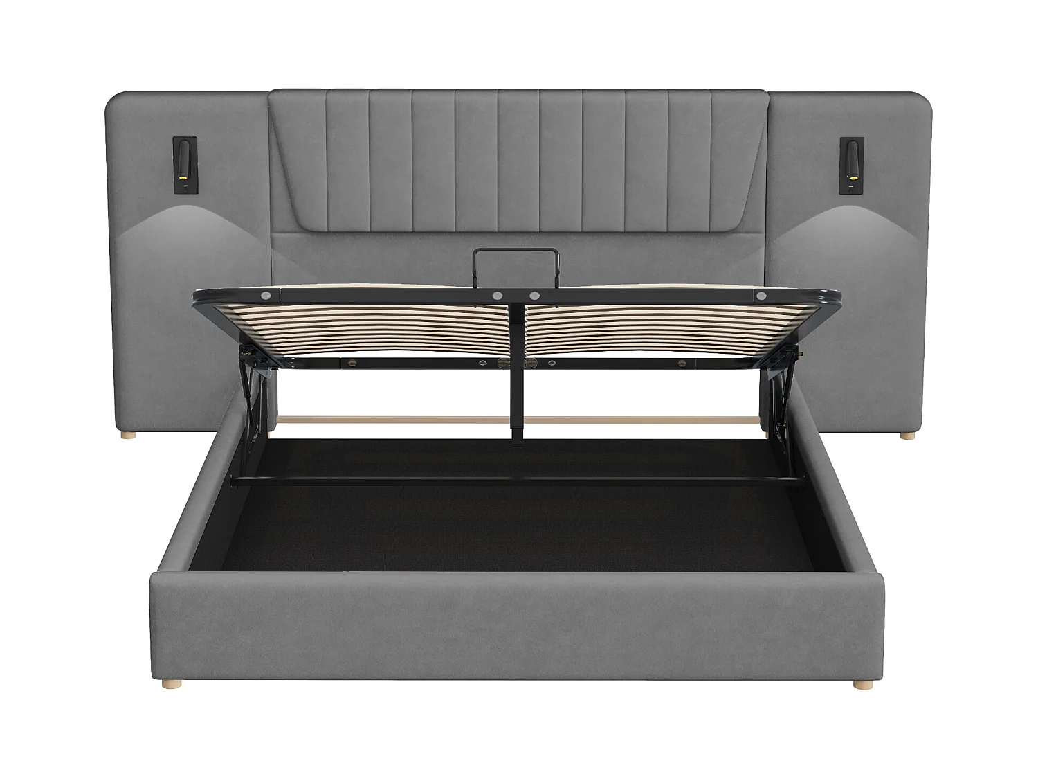 Lit coffre adulte 180x200cm avec lampes de lecture pivotantes et USB, tête de lit large, en velours gris, sans matelas