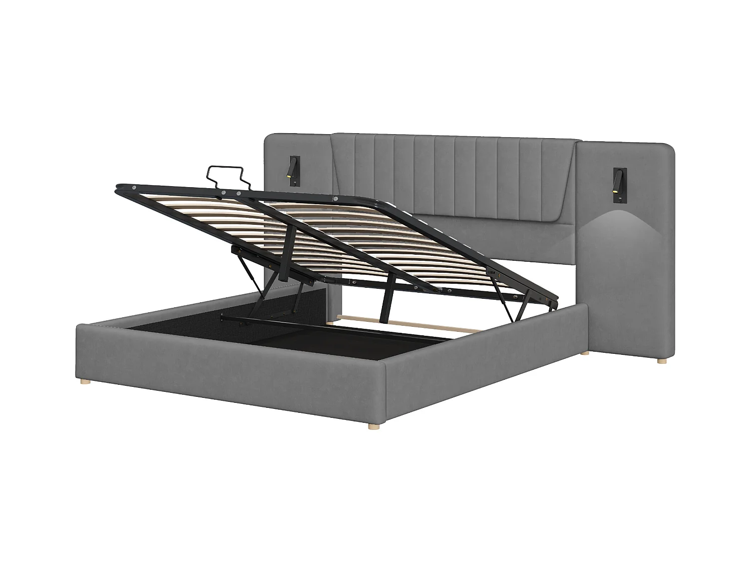 Lit coffre adulte 180x200cm avec lampes de lecture pivotantes et USB, tête de lit large, en velours gris, sans matelas