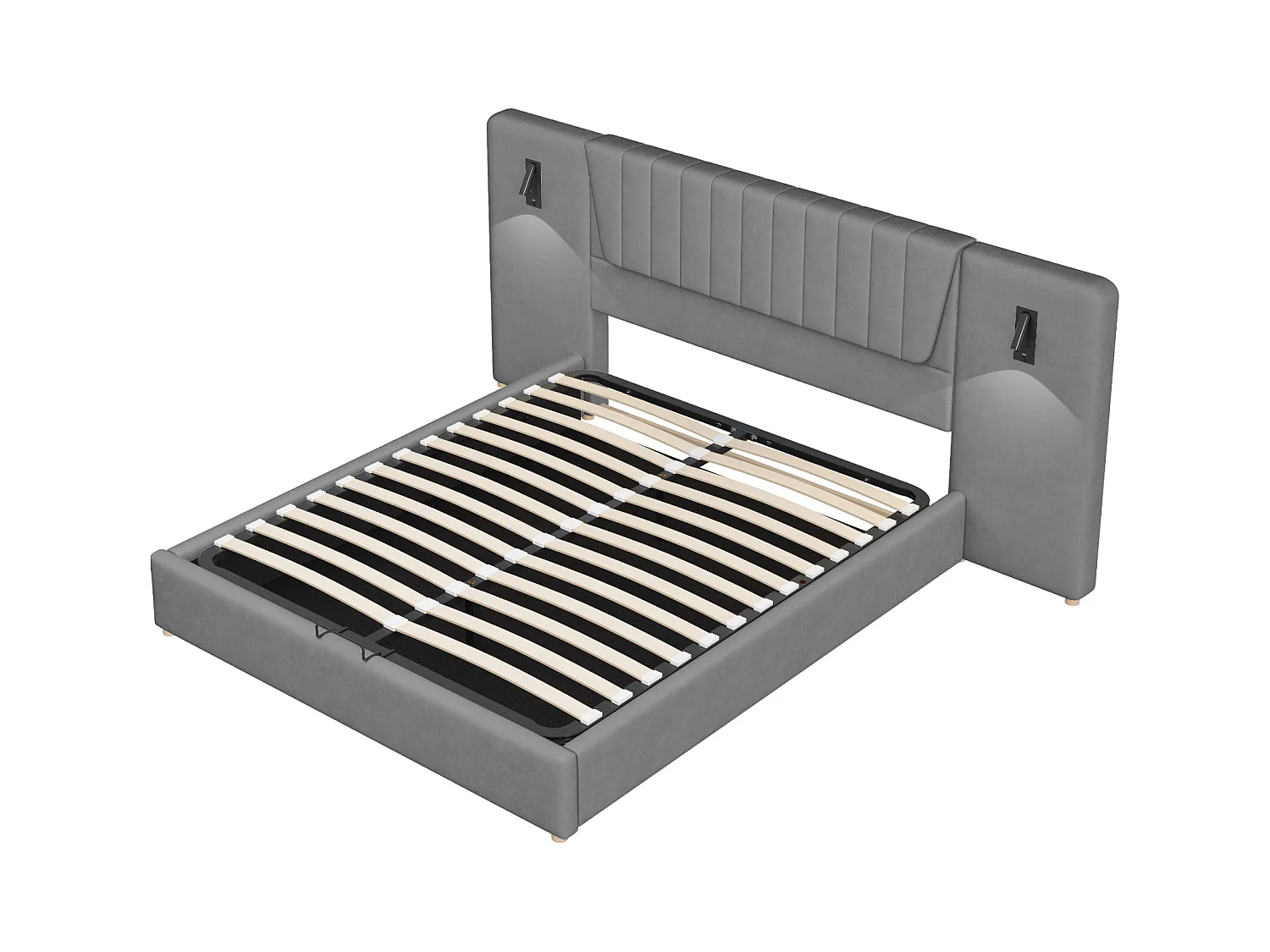 Lit coffre adulte 180x200cm avec lampes de lecture pivotantes et USB, tête de lit large, en velours gris, sans matelas