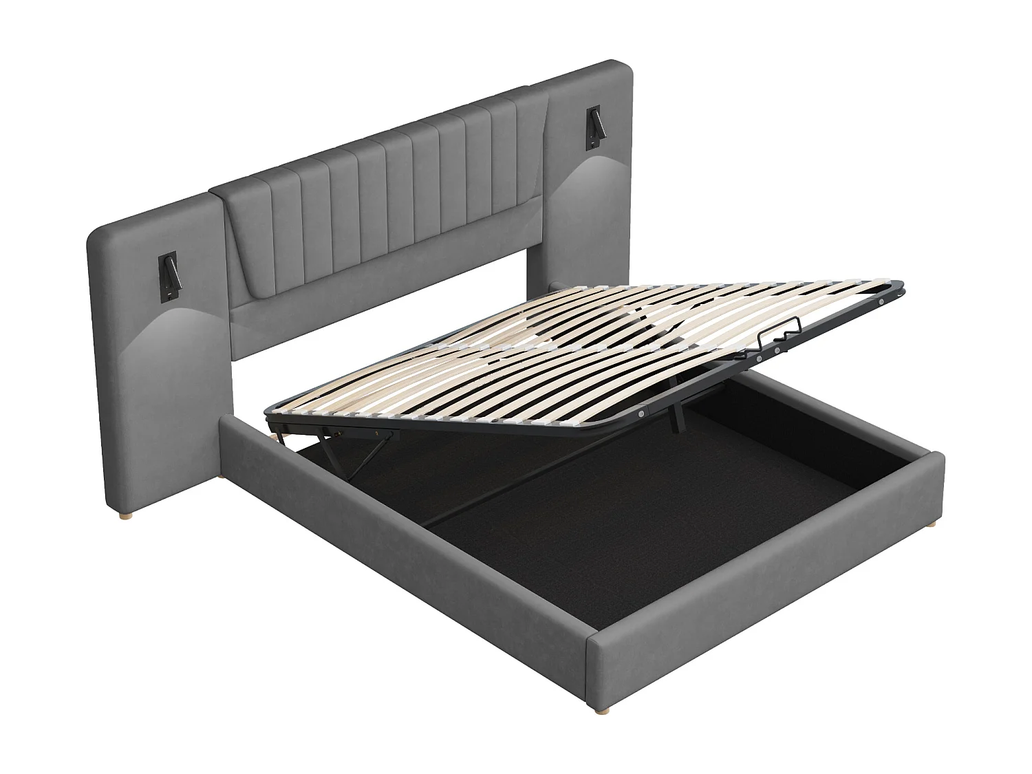 Lit coffre adulte 180x200cm avec lampes de lecture pivotantes et USB, tête de lit large, en velours gris, sans matelas