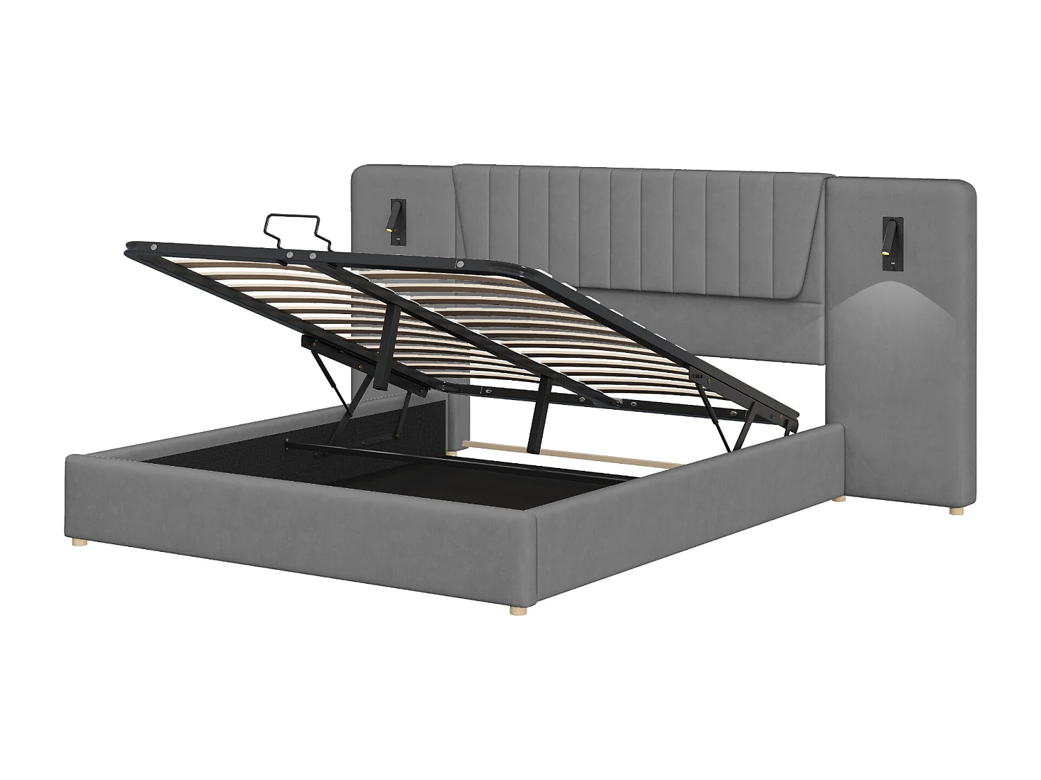 Lit coffre adulte 180x200cm avec lampes de lecture pivotantes et USB, tête de lit large, en velours gris, sans matelas