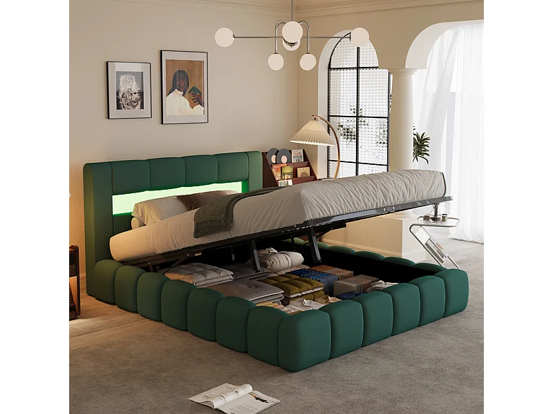 Letto Contenitore LED Velluto Verde 140x190cm