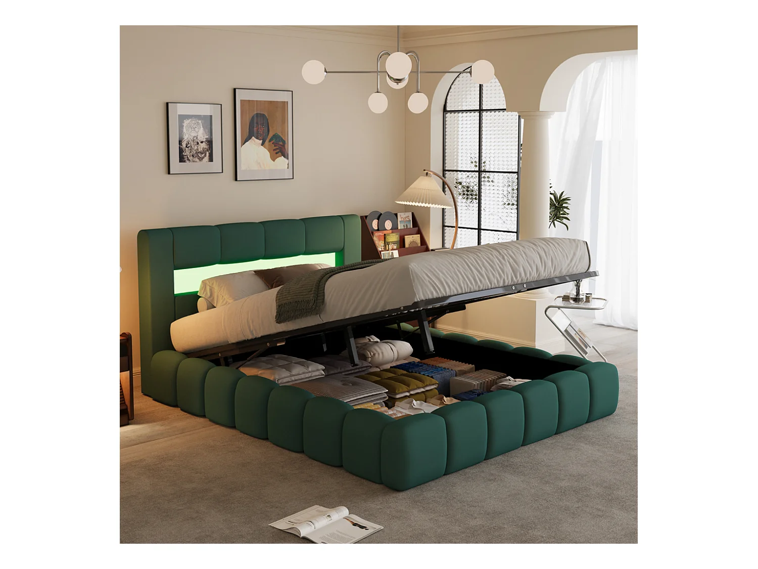 Lit nuage coffre LED 140x190cm velours vert OMAHA