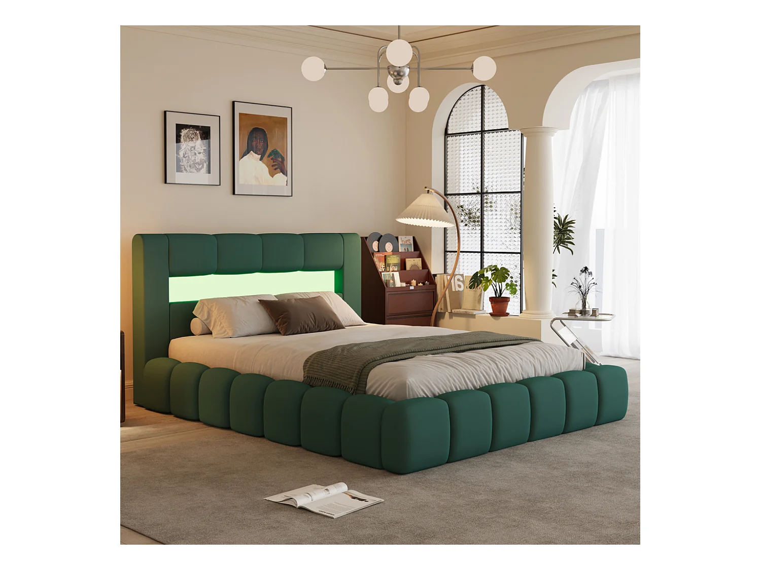 Lit nuage coffre LED 140x190cm velours vert OMAHA