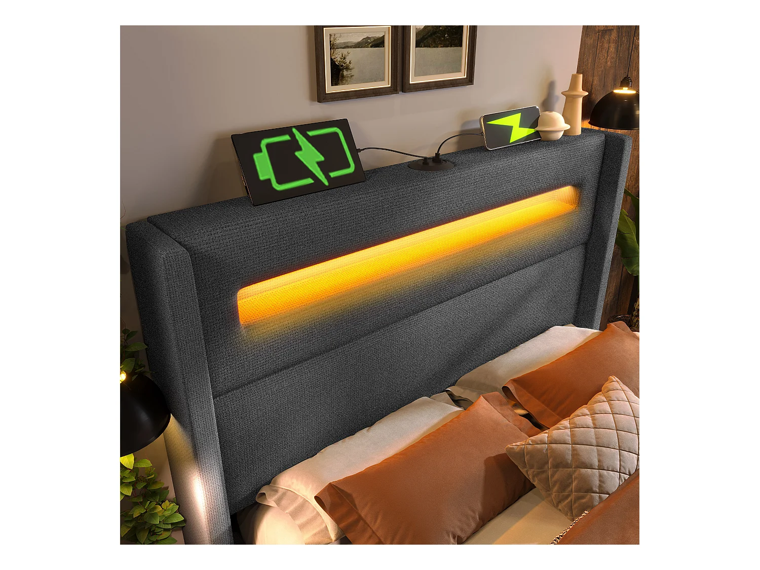 Lit coffre adulte 140x200cm avec LED et USB type-C, tissu en lin gris, sommier à lattes, sans matelas