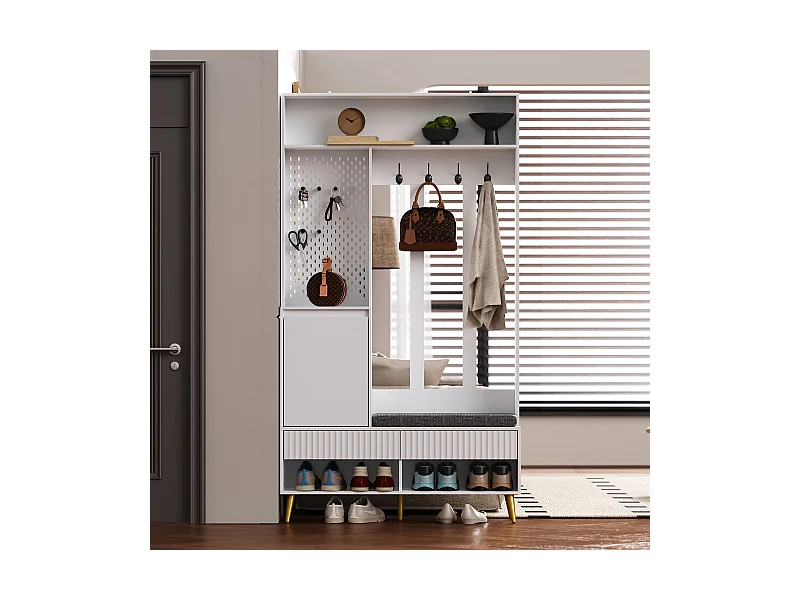 Halkastset - 100 x 35 x 180 cm - met bankje + 4 haken + 1 deur + 2 laden - MDF - wit