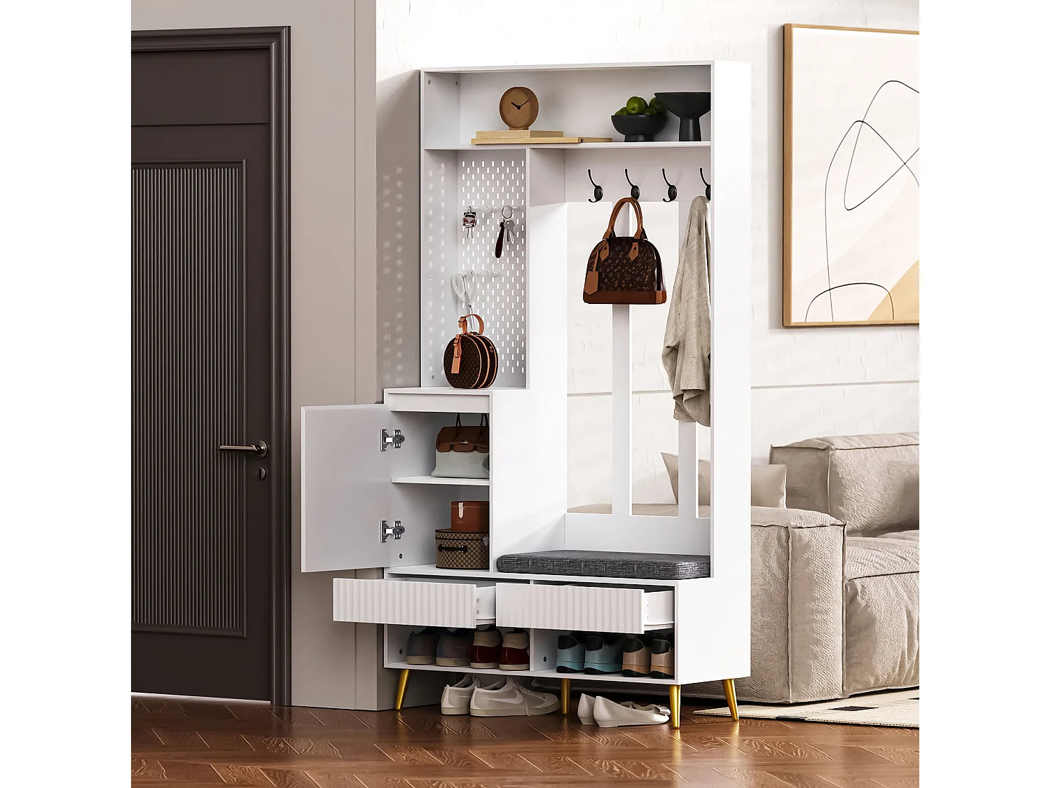 Ensemble d'armoire d'entrée- 100 x 35 x 180 cm - avec banc + 4 crochets + 1 porte + 2 tiroir - MDF - blanc