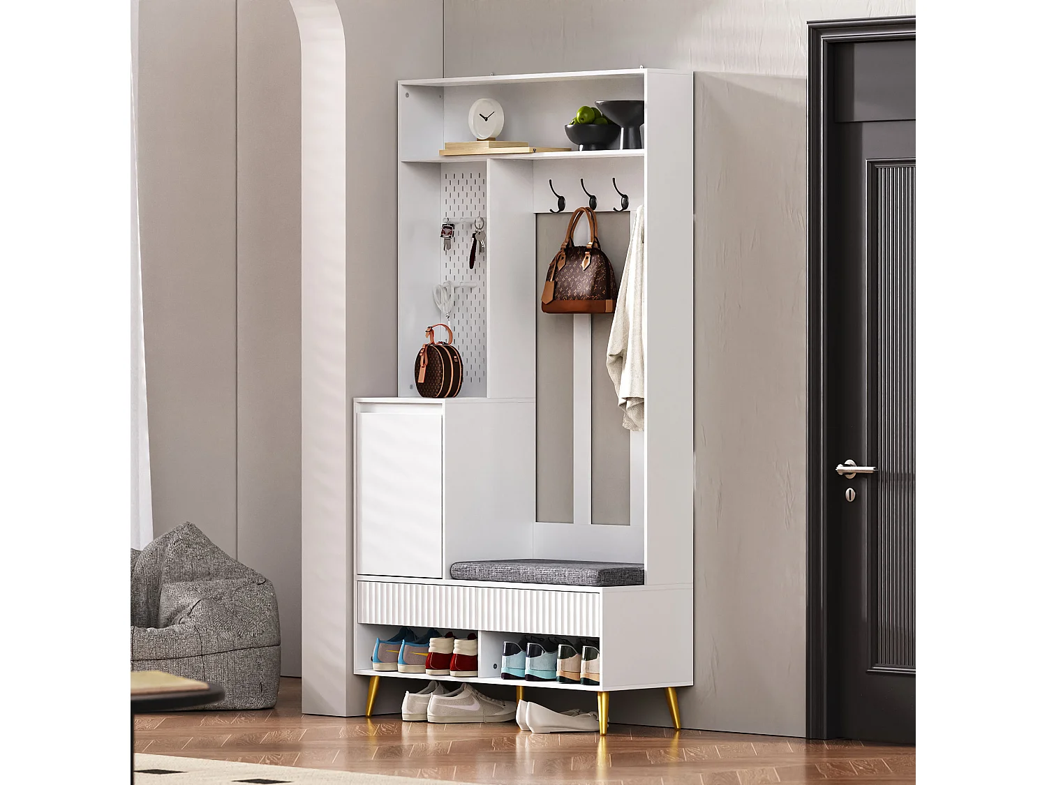 Flurschrank-Set – 100 x 35 x 180 cm – mit Bank + 4 Haken + 1 Tür + 2 Schubladen – MDF – weiß