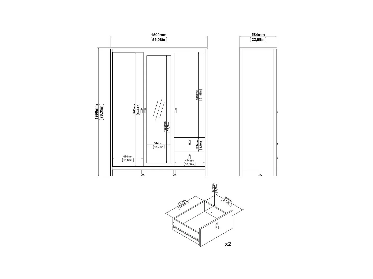Armoire 3 portes dont 1 miroir et 2 tiroirs blanc L150 cm - BARCELONE