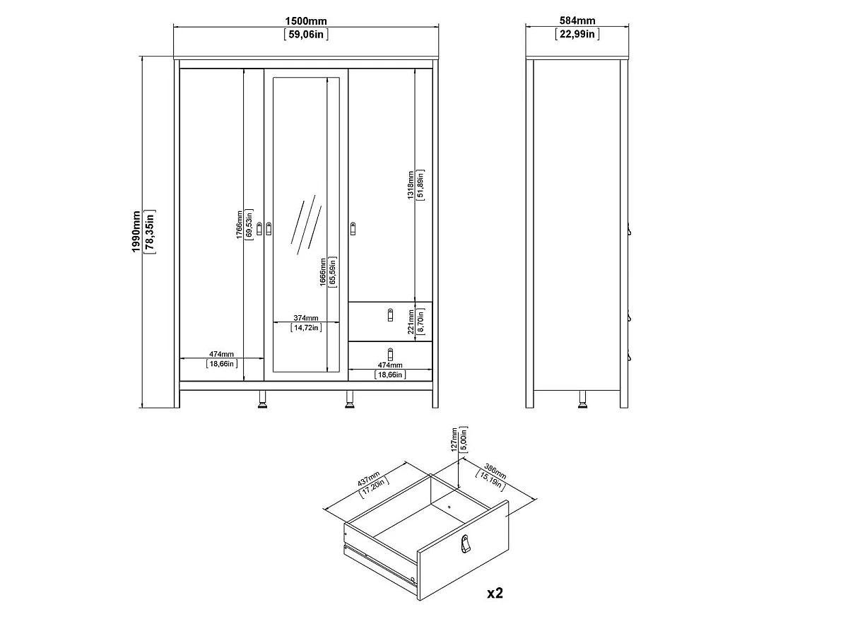 Armário de 3 portas, sendo 1 espelho e 2 gavetas, branco, L150 cm - BARCELONA