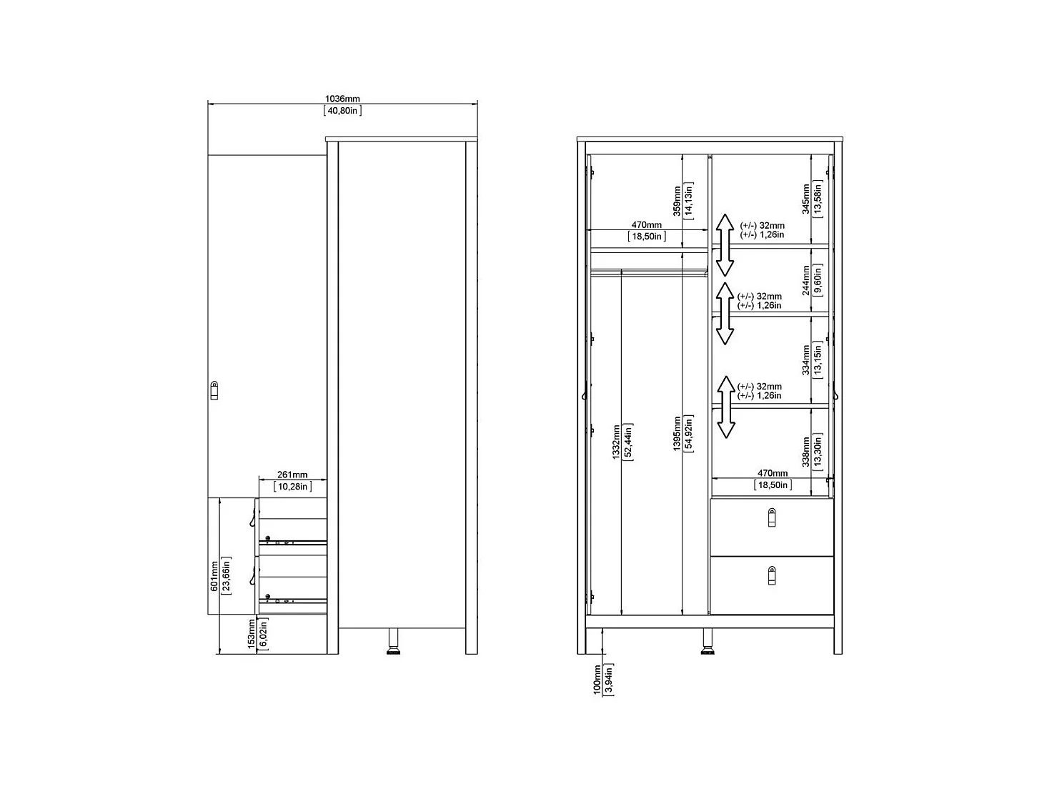 Armoire 2 portes dont 1 miroir et 2 tiroirs blanc H199 cm - BARCELONE