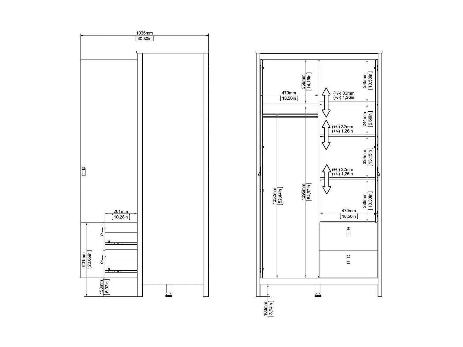 Armoire 2 portes dont 1 miroir et 2 tiroirs blanc H199 cm - BARCELONE