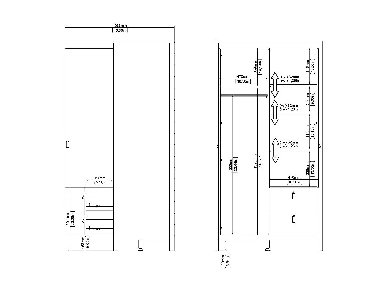 Armoire 2 portes dont 1 miroir et 2 tiroirs blanc H199 cm - BARCELONE