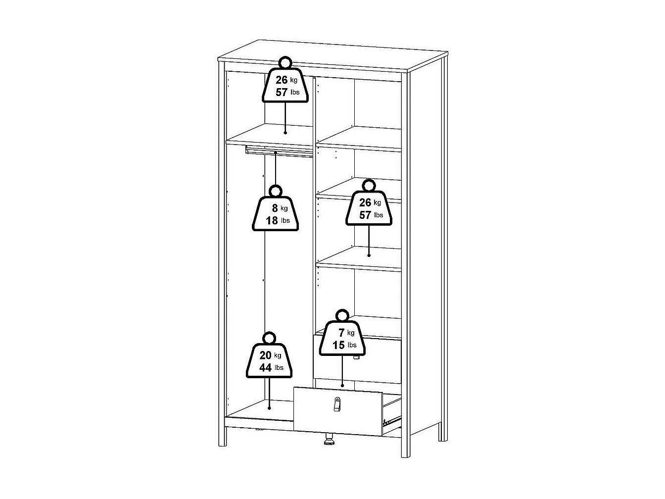 Armoire 2 portes dont 1 miroir et 2 tiroirs blanc H199 cm - BARCELONE
