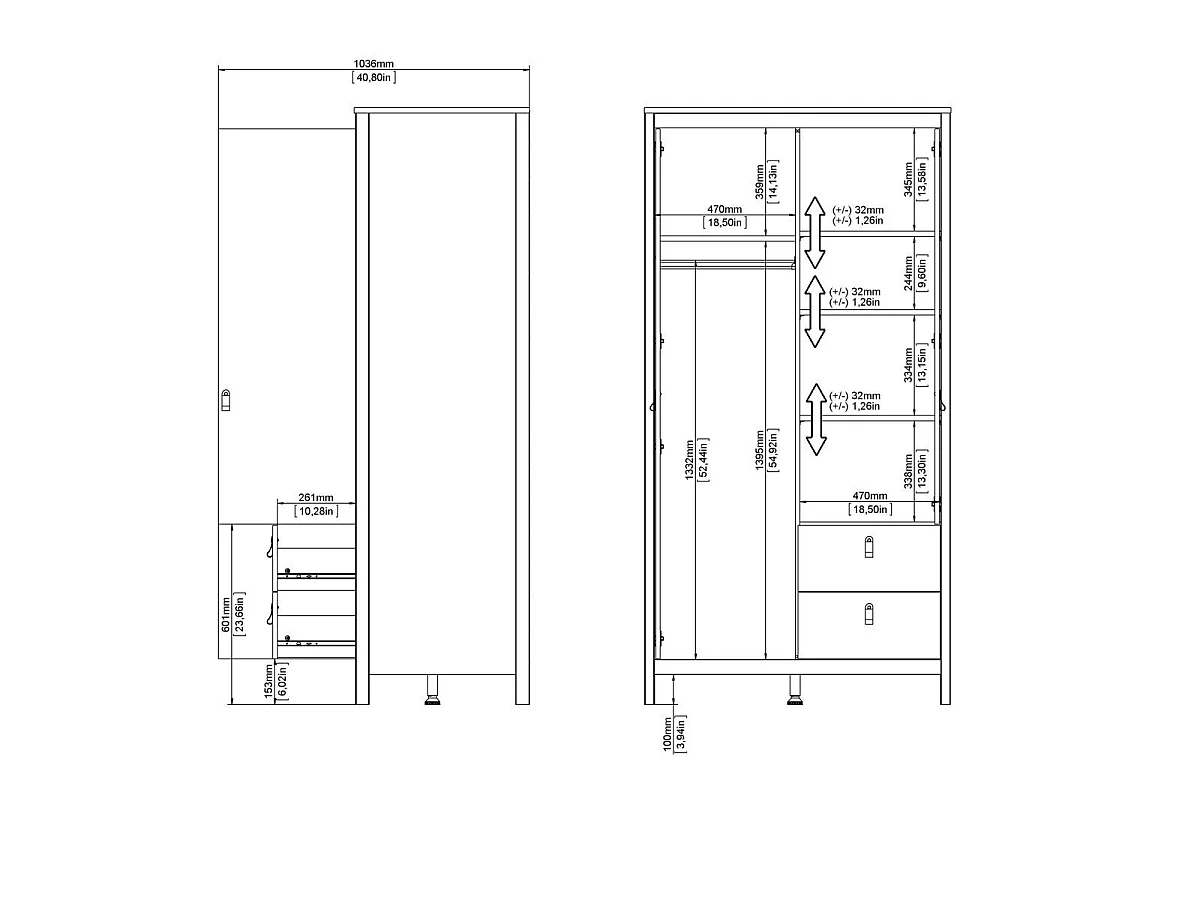 Guarda-roupa de 2 portas, sendo 1 espelho e 2 gavetas, branco, H199 cm - BARCELONA