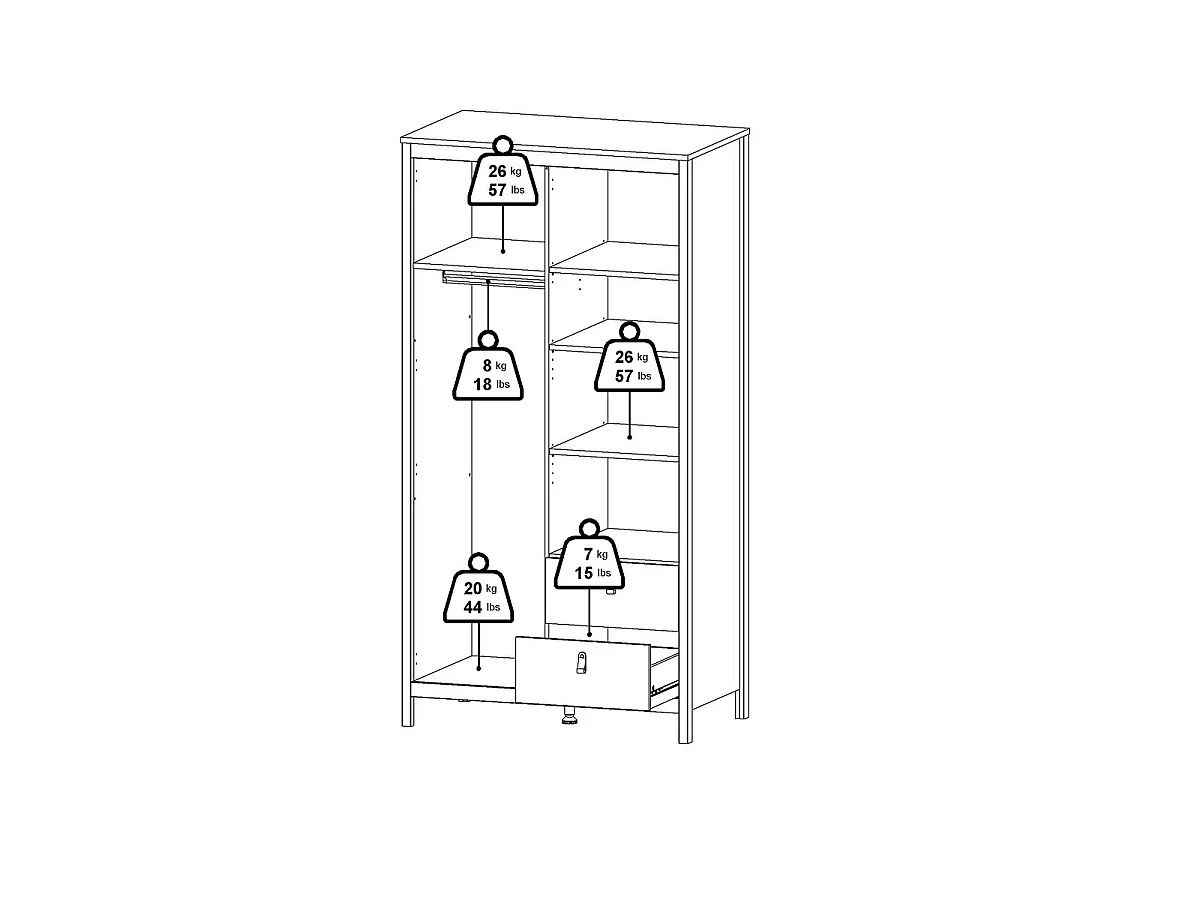Guarda-roupa de 2 portas, sendo 1 espelho e 2 gavetas, branco, H199 cm - BARCELONA