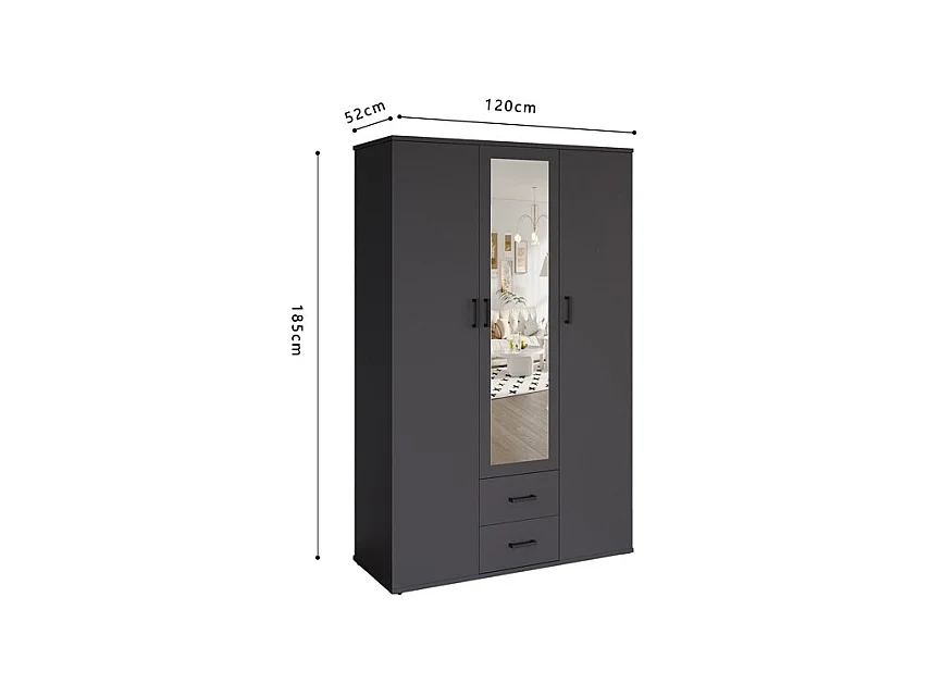 Armario TOM – 3 puertas – Color gris antracita – Armario + estantes – L120 cm – Diseño