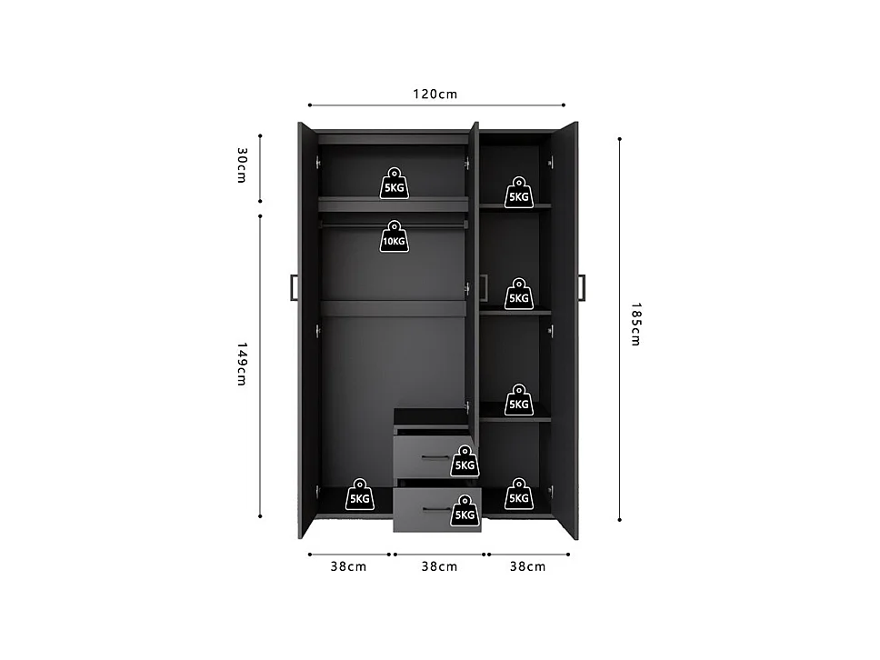 Armario TOM – 3 puertas – Color gris antracita – Armario + estantes – L120 cm – Diseño
