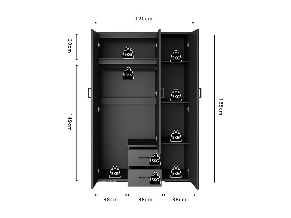 Armario TOM – 3 puertas – Color gris antracita – Armario + estantes – L120 cm – Diseño