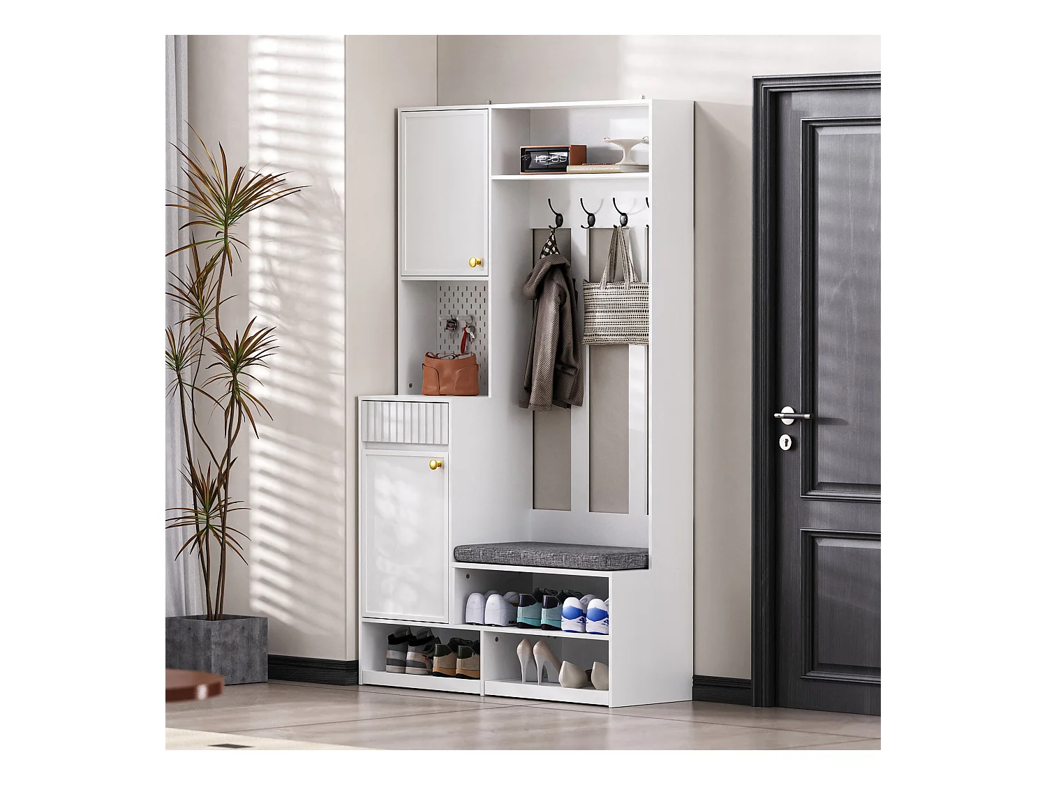 Ensemble d'armoire d'entrée- 100 x 35 x 180 cm - avec banc + 4 crochets + 2 portes + 1 tiroir - MDF - blanc