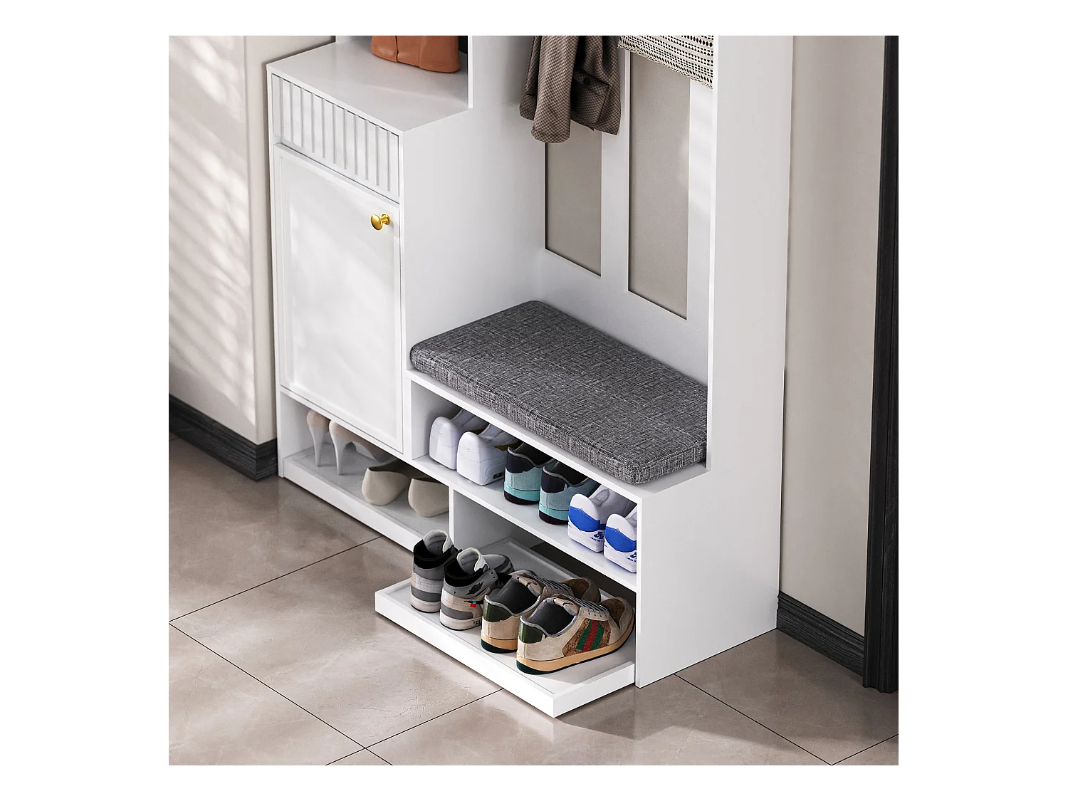 Ensemble d'armoire d'entrée- 100 x 35 x 180 cm - avec banc + 4 crochets + 2 portes + 1 tiroir - MDF - blanc