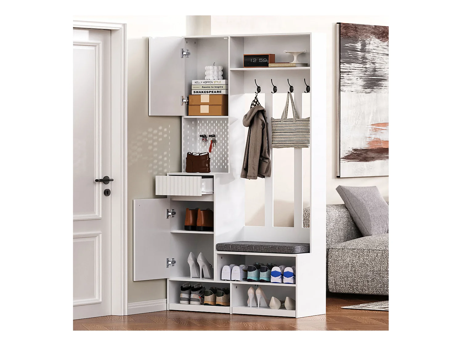 Ensemble d'armoire d'entrée- 100 x 35 x 180 cm - avec banc + 4 crochets + 2 portes + 1 tiroir - MDF - blanc