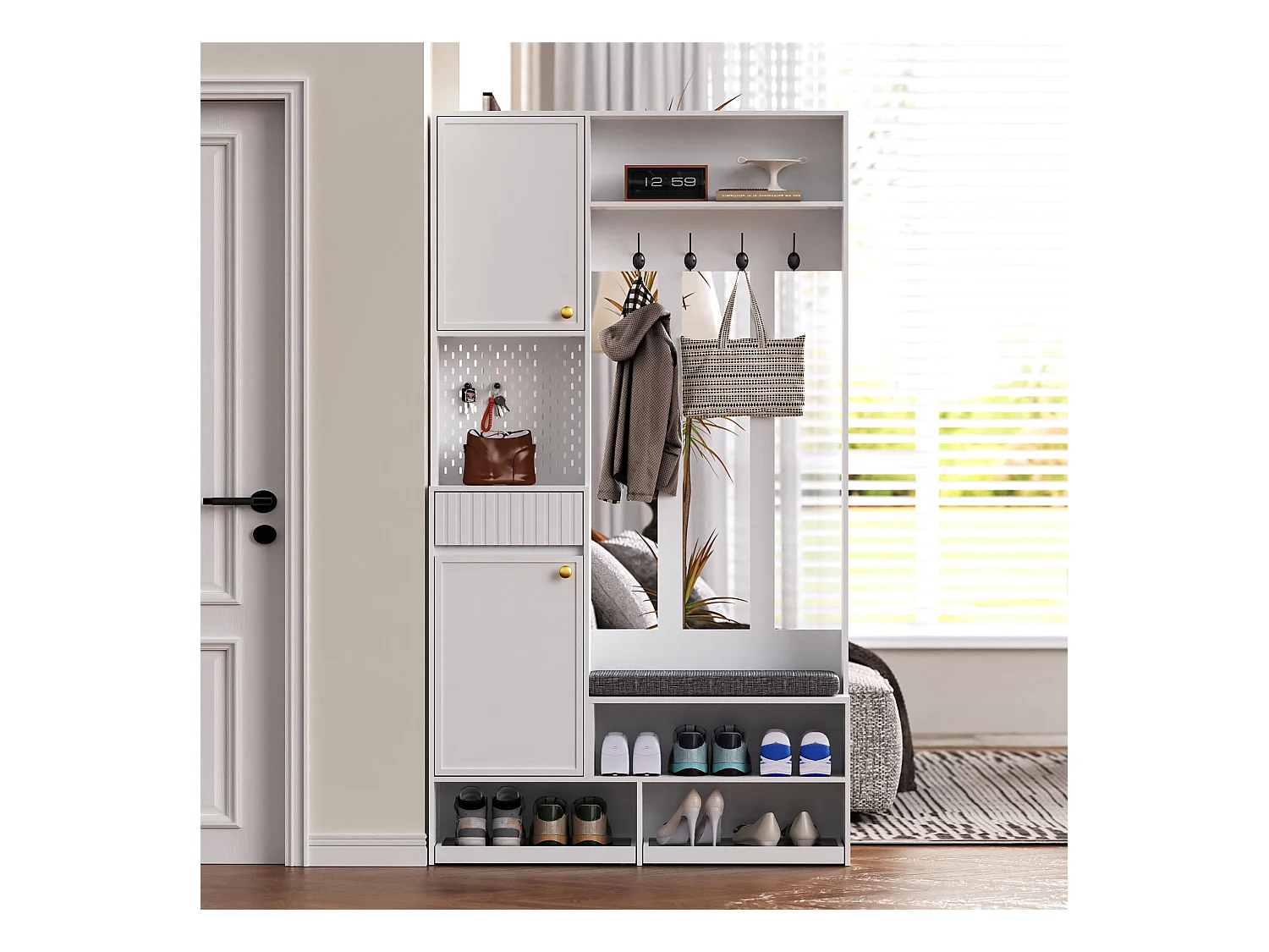 Halkastset - 100 x 35 x 180 cm - met bankje + 4 haken + 2 deuren + 1 lade - MDF - wit