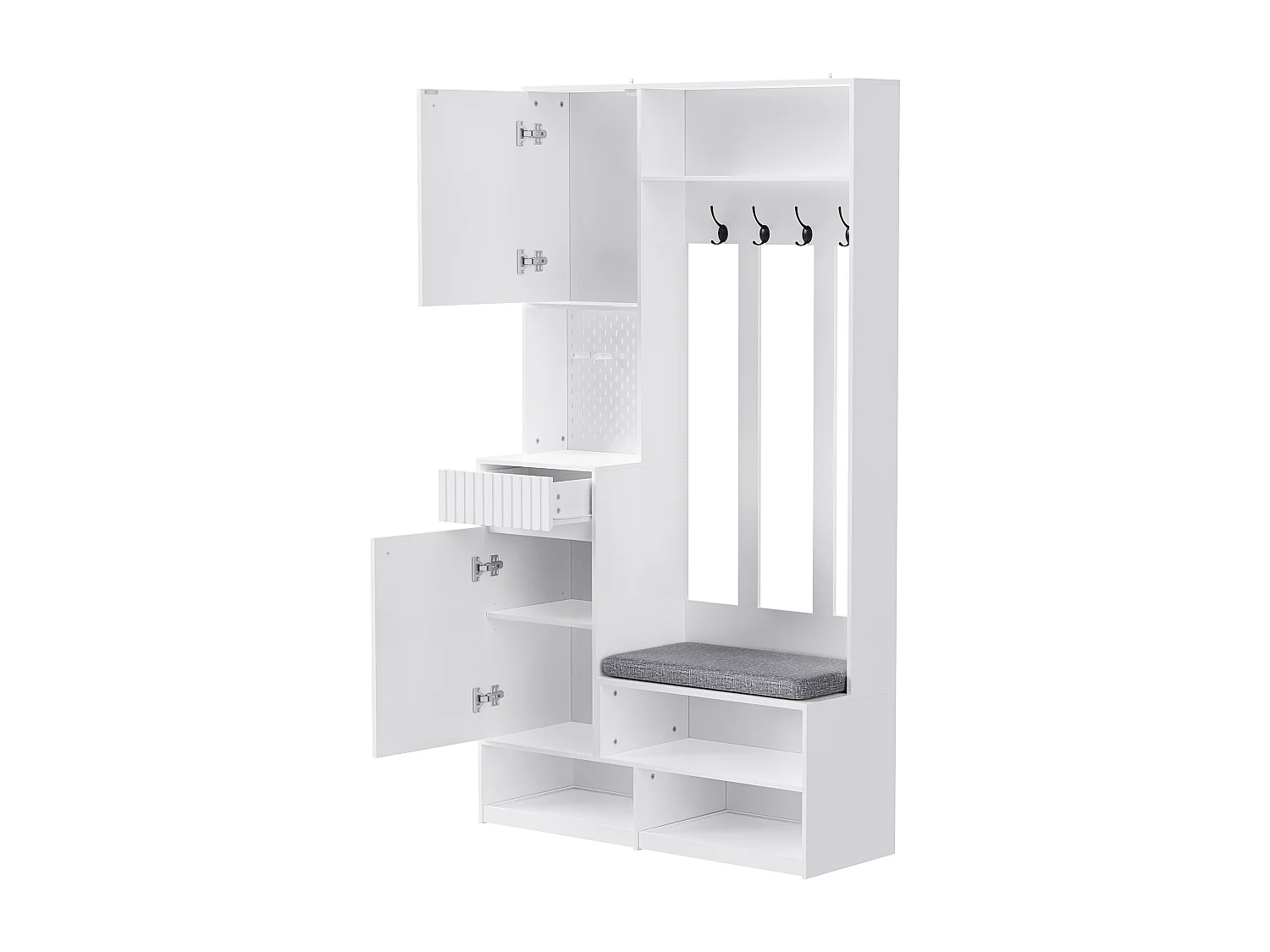 Conjunto de armários para corredor - 100 x 35 x 180 cm - com banco + 4 ganchos + 2 portas + 1 gaveta - MDF - branco