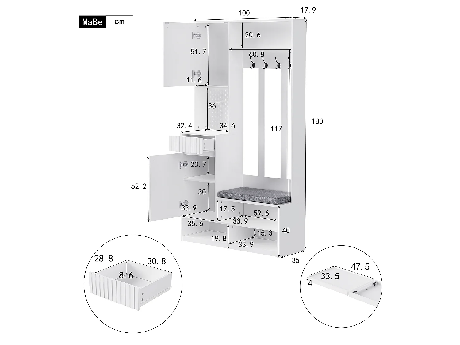 Conjunto de armários para corredor - 100 x 35 x 180 cm - com banco + 4 ganchos + 2 portas + 1 gaveta - MDF - branco
