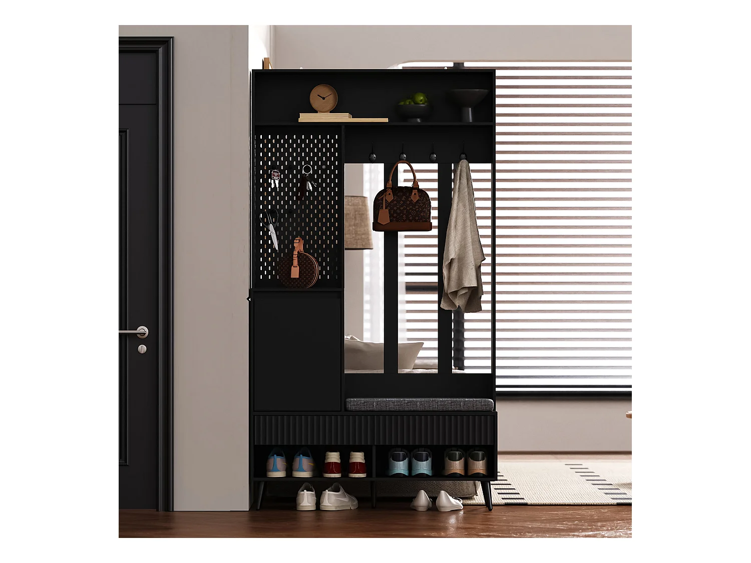 Ensemble d'armoire d'entrée- 100 x 35 x 180 cm - avec banc + 4 crochets + 1 porte + 2 tiroir - MDF - noir