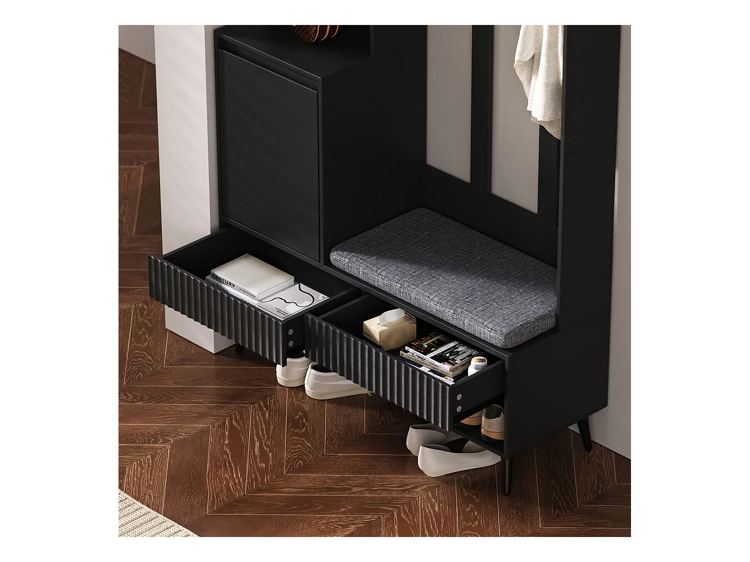 Ensemble d'armoire d'entrée- 100 x 35 x 180 cm - avec banc + 4 crochets + 1 porte + 2 tiroir - MDF - noir