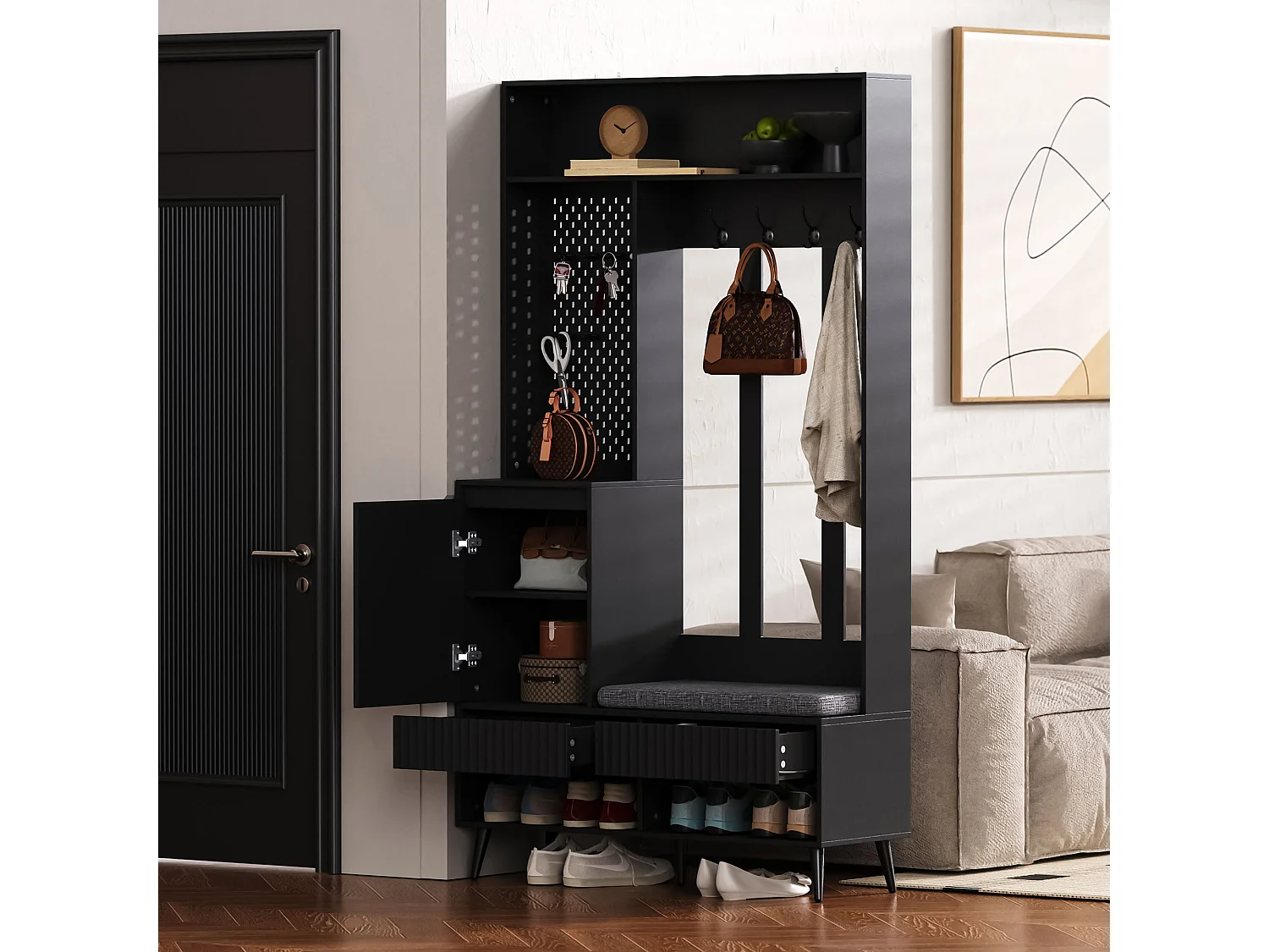 Flurschrank-Set – 100 x 35 x 180 cm – mit Bank + 4 Haken + 1 Tür + 2 Schubladen – MDF – schwarz