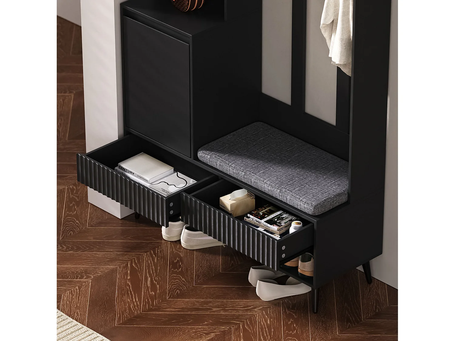 Flurschrank-Set – 100 x 35 x 180 cm – mit Bank + 4 Haken + 1 Tür + 2 Schubladen – MDF – schwarz