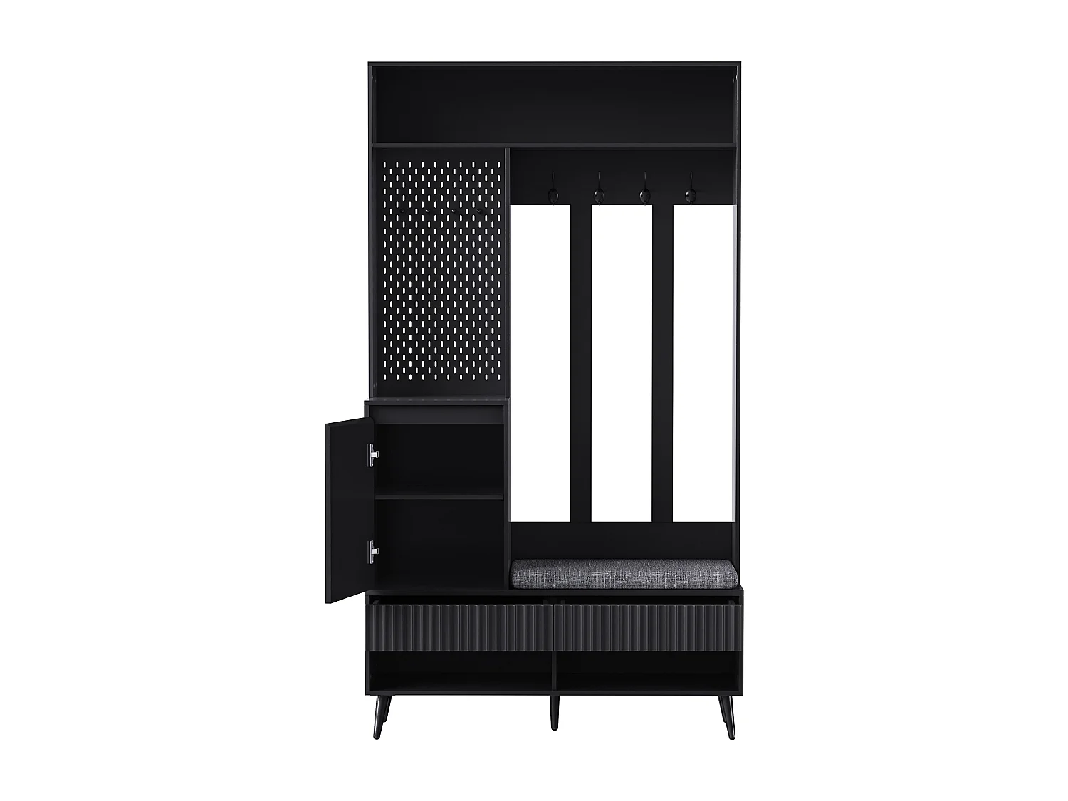 Flurschrank-Set – 100 x 35 x 180 cm – mit Bank + 4 Haken + 1 Tür + 2 Schubladen – MDF – schwarz