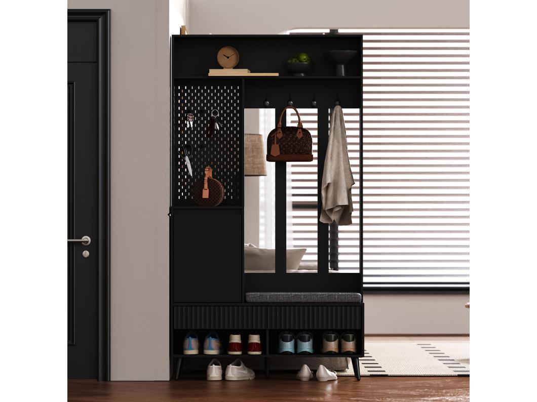 Halkastset - 100 x 35 x 180 cm - met bankje + 4 haken + 1 deur + 2 laden - MDF - zwart