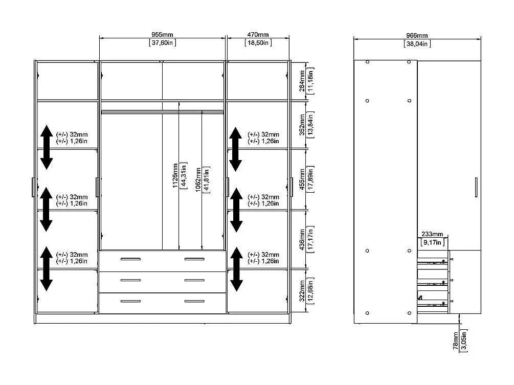 Spell Kleiderschrank B183 cm 4 Türen und 3 Schubladen weiß.