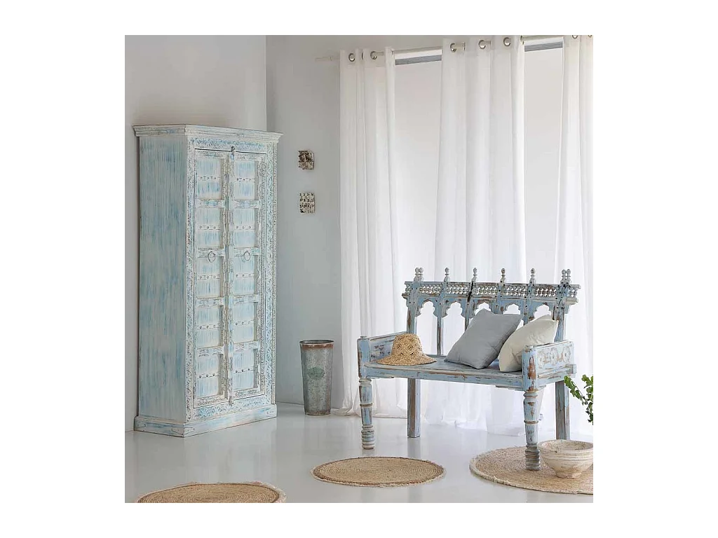 Armoire en bois sculpté avec finition bleu antique, 95x45x194h cm