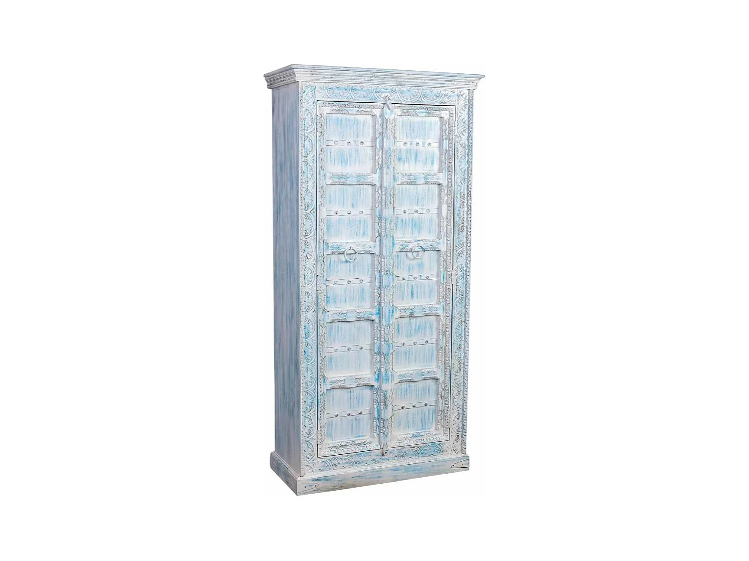 Armoire en bois sculpté avec finition bleu antique, 95x45x194h cm