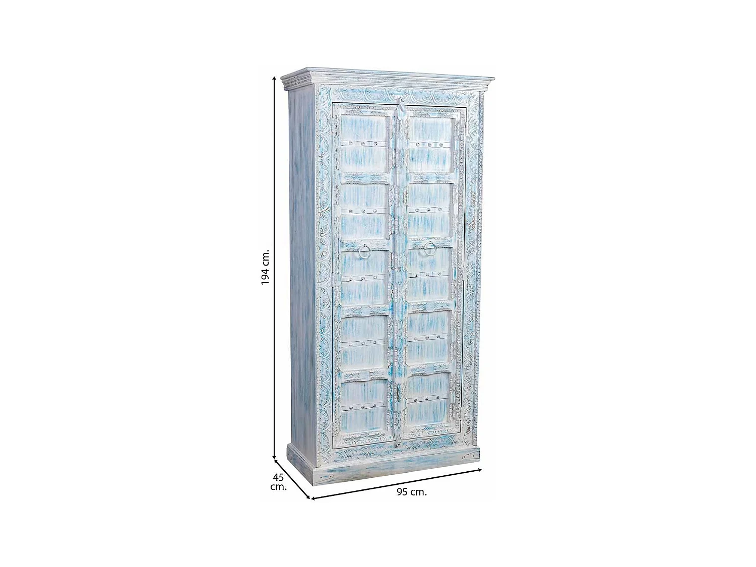 Armoire en bois sculpté avec finition bleu antique, 95x45x194h cm