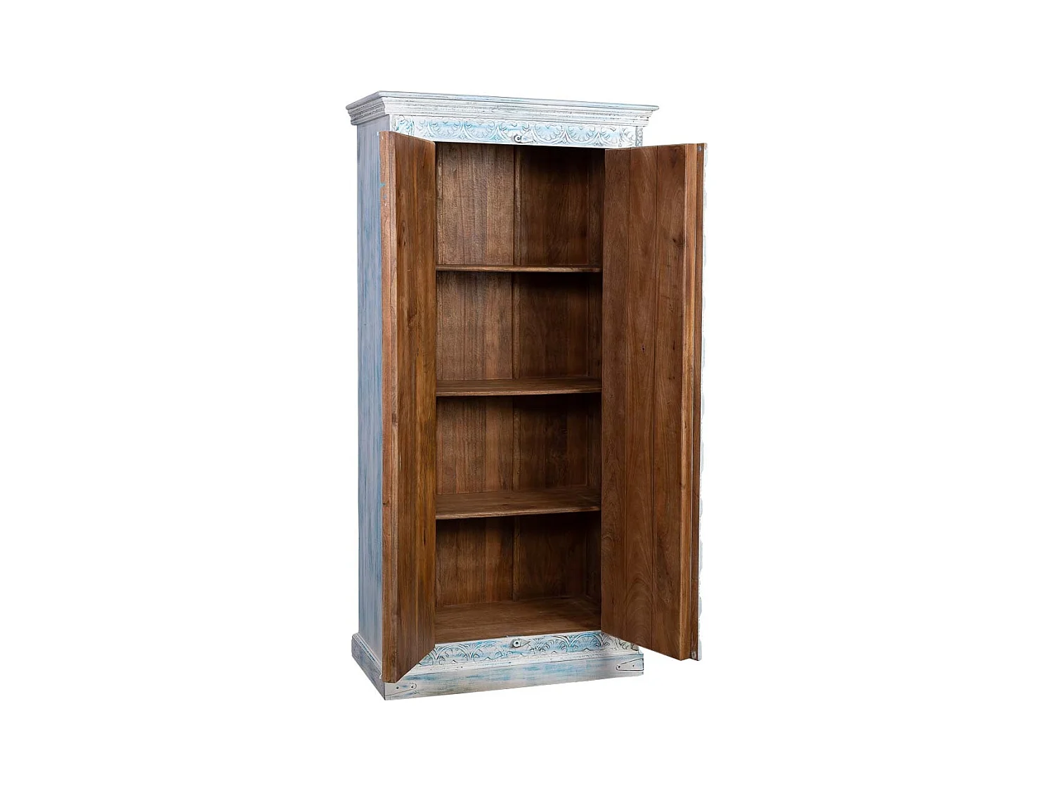 Armoire en bois sculpté avec finition bleu antique, 95x45x194h cm