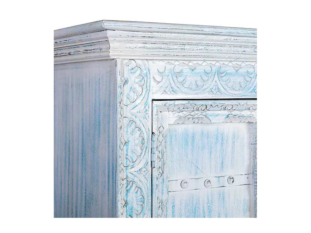 Armoire en bois sculpté avec finition bleu antique, 95x45x194h cm
