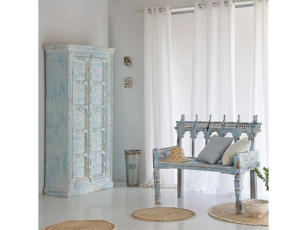 Armario de madera tallada acabado envejecido azul, 95x45x194h cm