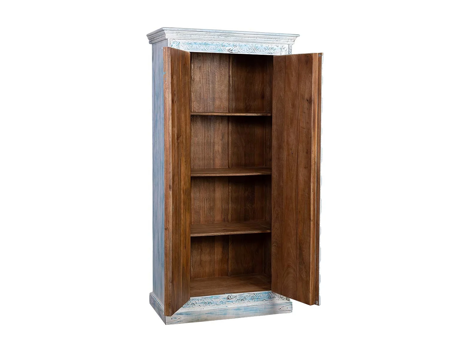 Armario de madera tallada acabado envejecido azul, 95x45x194h cm