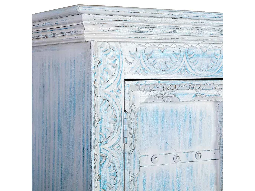 Armario de madera tallada acabado envejecido azul, 95x45x194h cm