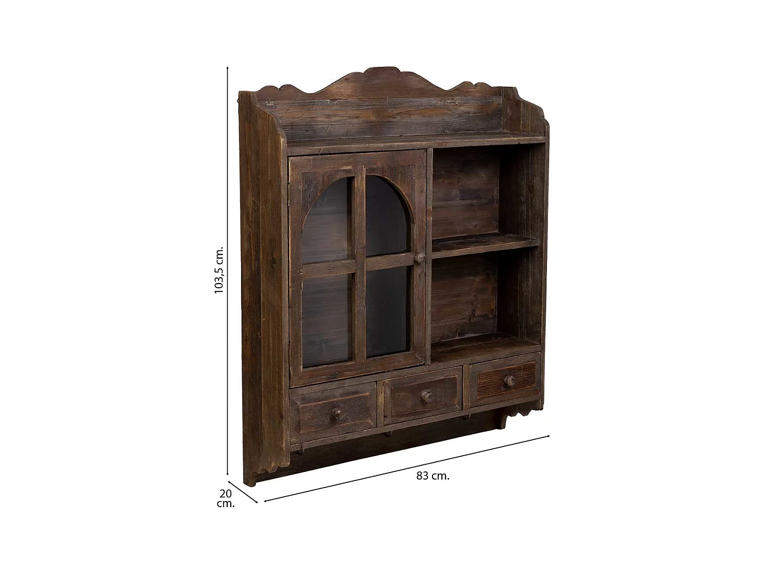 Armario de pared de madera 1 puerta y 3 cajones marrón 83x20x103.5h cm