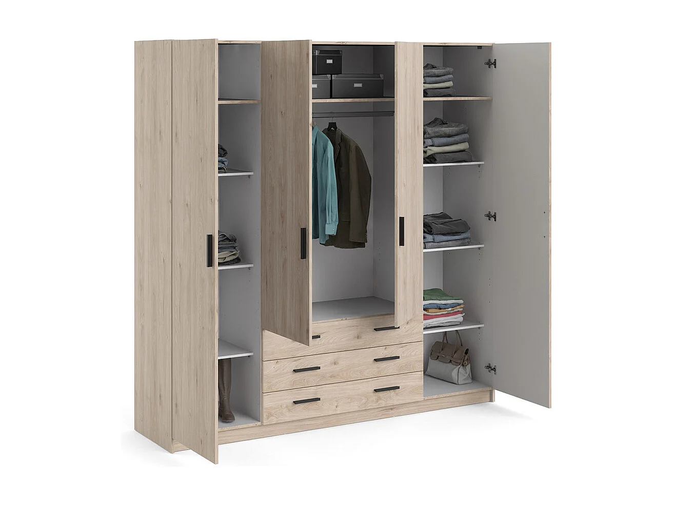 Spell Kleiderschrank B183 cm 4 Türen und 3 Schubladen Hickory-Dekor.